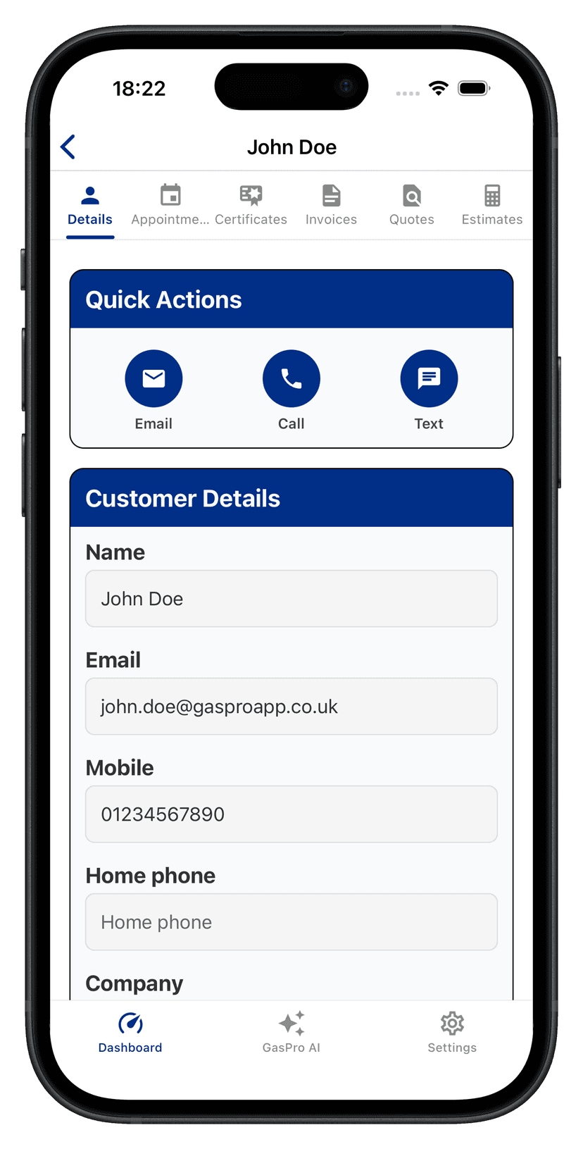 Customer details screen